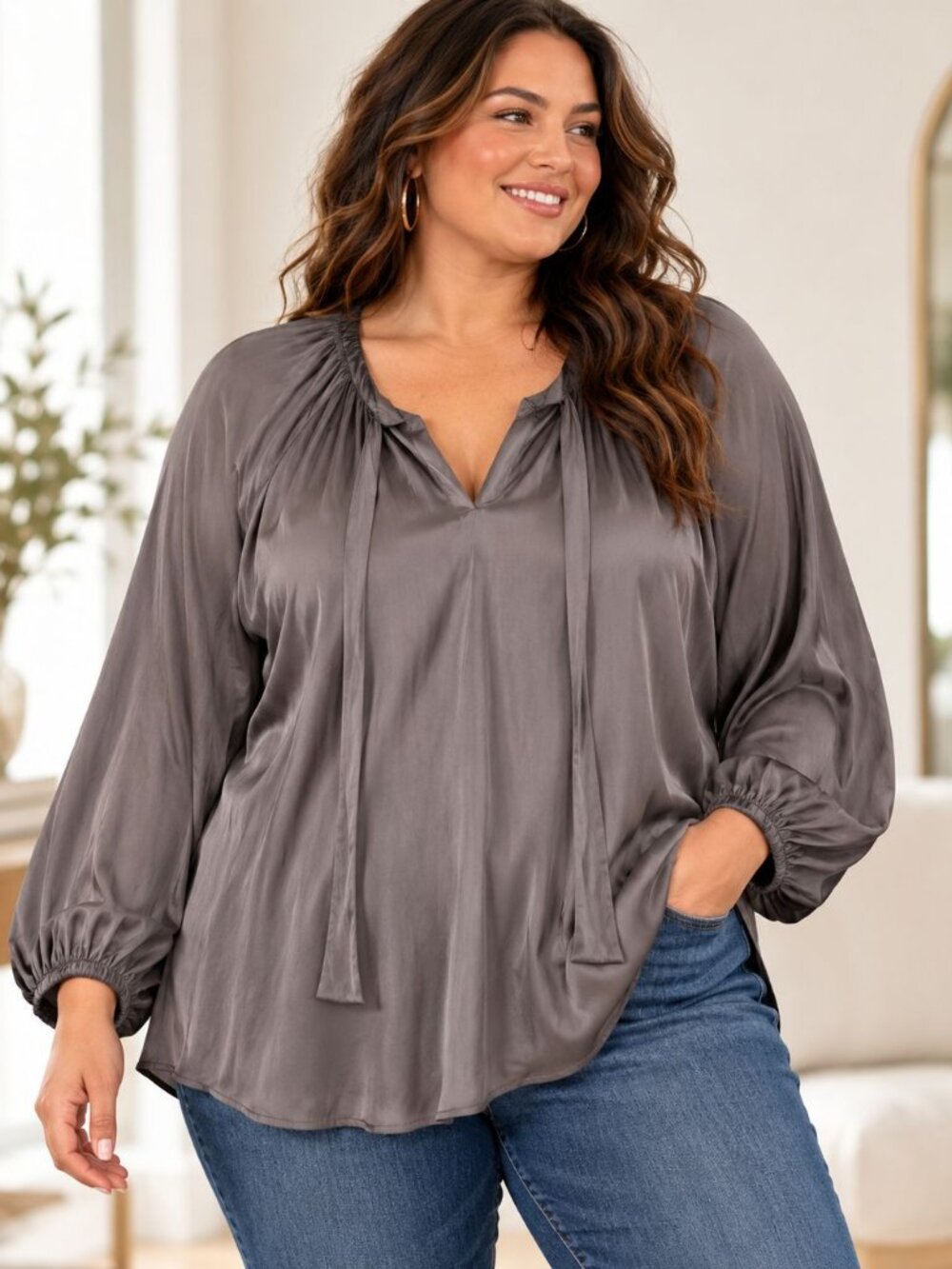 Torrid Plus Size Satin Blouse Gray 2X Tie Neck Office Siren Boho Top